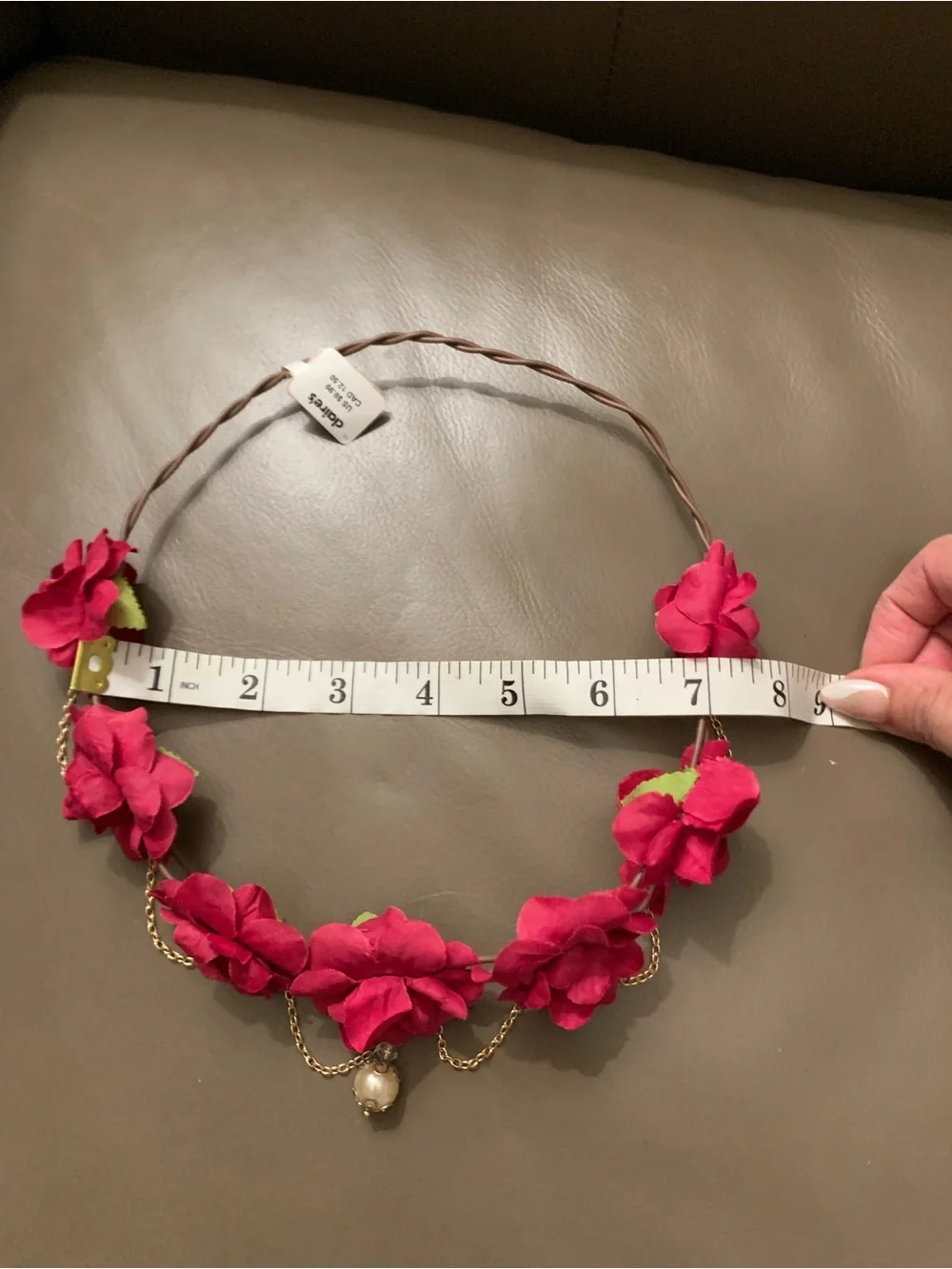 Red Flower🌹 Crown 👑Headband with Gold Chain and Pearl Accent-Adjustable/Bendable